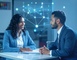 Two people sit at an interview with data map behind them.