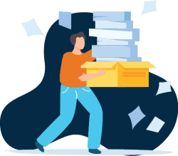 Illustrated person carrying a stack of papers.