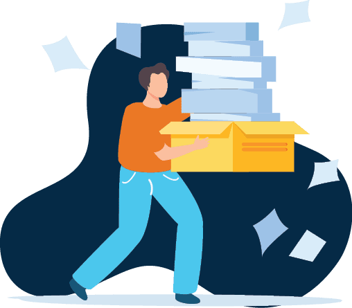 Illustrated person carrying a stack of papers.