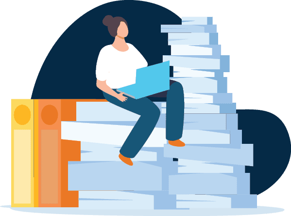 Illustration of someone sitting on a stack of papers.